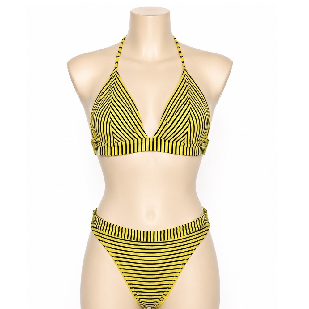 Seafolly Australia Yellow Navy Striped Ribbed Bikini Set High Waist 12/14